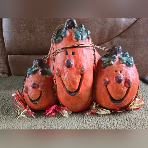 Vintage Halloween Paper Mache Smiling Pumpkin Trio Fall Decoration - Picture 1 of 9